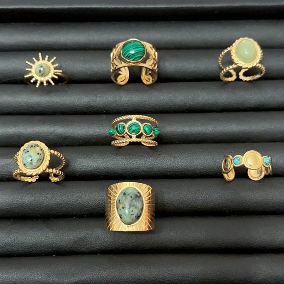 Jewelry - 18K Gold Plated Emerald Green Vintage Adjustable Ring Set 7PCS Statement